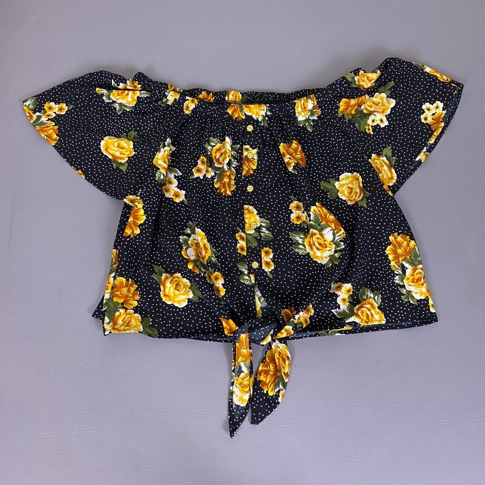 Mileage Crop Top Blouse Women's 3X Black Floral Polka Dot Off Shoulder Tie Front